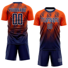 Load image into Gallery viewer, Custom Navy Orange-White Spiked Sharp Lines Gradient Sublimation Soccer Uniform Jersey