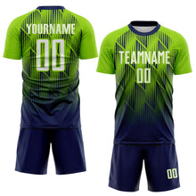 Load image into Gallery viewer, Custom Navy White-Neon Green Spiked Sharp Lines Gradient Sublimation Soccer Uniform Jersey