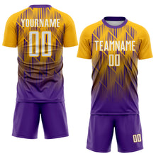 Load image into Gallery viewer, Custom Purple White-Gold Spiked Sharp Lines Gradient Sublimation Soccer Uniform Jersey