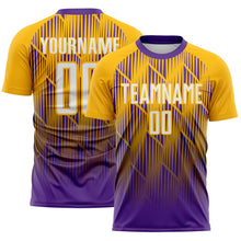 Load image into Gallery viewer, Custom Purple White-Gold Spiked Sharp Lines Gradient Sublimation Soccer Uniform Jersey