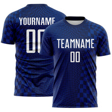Laden Sie das Bild in den Galerie-Viewer, Custom Royal White-Navy Geometric Patchwork Asymmetry Checkered Zigzag Lines Sublimation Soccer Uniform Jersey