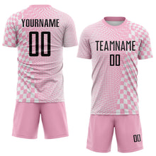 Load image into Gallery viewer, Custom Light Pink Black-White Geometric Patchwork Asymmetry Checkered Zigzag Lines Sublimation Soccer Uniform Jersey