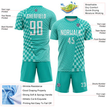 Load image into Gallery viewer, Custom Aqua White-Ice Blue Geometric Patchwork Asymmetry Checkered Zigzag Lines Sublimation Soccer Uniform Jersey