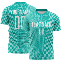 Load image into Gallery viewer, Custom Aqua White-Ice Blue Geometric Patchwork Asymmetry Checkered Zigzag Lines Sublimation Soccer Uniform Jersey