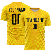 Load image into Gallery viewer, Custom Gold Black-Light Yellow Geometric Patchwork Asymmetry Checkered Zigzag Lines Sublimation Soccer Uniform Jersey