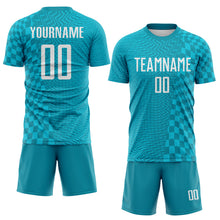 Load image into Gallery viewer, Custom Teal White-Lakes Blue Geometric Patchwork Asymmetry Checkered Zigzag Lines Sublimation Soccer Uniform Jersey
