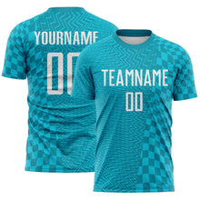 Load image into Gallery viewer, Custom Teal White-Lakes Blue Geometric Patchwork Asymmetry Checkered Zigzag Lines Sublimation Soccer Uniform Jersey