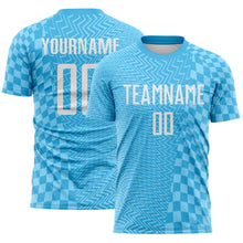 Load image into Gallery viewer, Custom Sky Blue-White Geometric Patchwork Asymmetry Checkered Zigzag Lines Sublimation Soccer Uniform Jersey