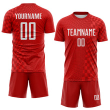 Laden Sie das Bild in den Galerie-Viewer, Custom Red-White Geometric Patchwork Asymmetry Checkered Zigzag Lines Sublimation Soccer Uniform Jersey