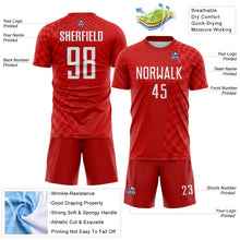 Laden Sie das Bild in den Galerie-Viewer, Custom Red-White Geometric Patchwork Asymmetry Checkered Zigzag Lines Sublimation Soccer Uniform Jersey