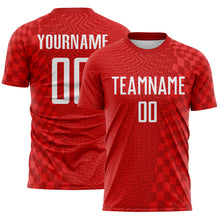 Laden Sie das Bild in den Galerie-Viewer, Custom Red-White Geometric Patchwork Asymmetry Checkered Zigzag Lines Sublimation Soccer Uniform Jersey