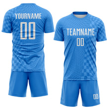 Загрузить изображение в средство просмотра галереи, Custom Powder Blue-White Geometric Patchwork Asymmetry Checkered Zigzag Lines Sublimation Soccer Uniform Jersey