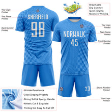 Загрузить изображение в средство просмотра галереи, Custom Powder Blue-White Geometric Patchwork Asymmetry Checkered Zigzag Lines Sublimation Soccer Uniform Jersey