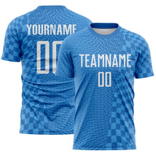Laden Sie das Bild in den Galerie-Viewer, Custom Blue-White Geometric Patchwork Asymmetry Checkered Zigzag Lines Sublimation Soccer Uniform Jersey