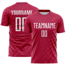 Laden Sie das Bild in den Galerie-Viewer, Custom Burgundy-White Geometric Patchwork Asymmetry Checkered Zigzag Lines Sublimation Soccer Uniform Jersey