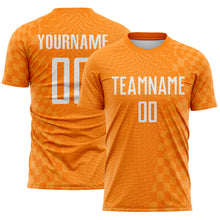 Laden Sie das Bild in den Galerie-Viewer, Custom Bay Orange-White Geometric Patchwork Asymmetry Checkered Zigzag Lines Sublimation Soccer Uniform Jersey