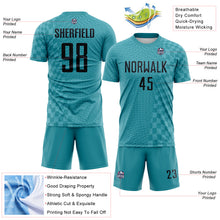 Load image into Gallery viewer, Custom Teal-Black Geometric Patchwork Asymmetry Checkered Zigzag Lines Sublimation Soccer Uniform Jersey