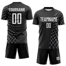 Load image into Gallery viewer, Custom Black White-Steel Gray Geometric Patchwork Asymmetry Checkered Zigzag Lines Sublimation Soccer Uniform Jersey