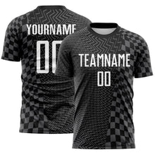 Load image into Gallery viewer, Custom Black White-Steel Gray Geometric Patchwork Asymmetry Checkered Zigzag Lines Sublimation Soccer Uniform Jersey