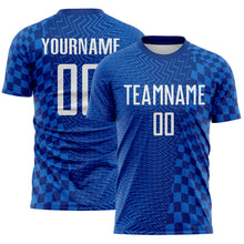 Load image into Gallery viewer, Custom Royal-White Geometric Patchwork Asymmetry Checkered Zigzag Lines Sublimation Soccer Uniform Jersey