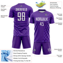 Laden Sie das Bild in den Galerie-Viewer, Custom Purple-White Geometric Patchwork Asymmetry Checkered Zigzag Lines Sublimation Soccer Uniform Jersey