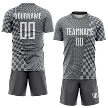 Load image into Gallery viewer, Custom Steel Gray-White Geometric Patchwork Asymmetry Checkered Zigzag Lines Sublimation Soccer Uniform Jersey
