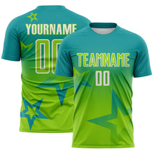 Загрузить изображение в средство просмотра галереи, Custom Teal Neon Green-White Gradient Style Twinkle Star Sublimation Soccer Uniform Jersey