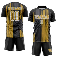 Laden Sie das Bild in den Galerie-Viewer, Custom Black Old Gold-White Brush Stroke Fluid Stripes Sublimation Soccer Uniform Jersey
