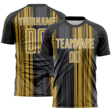 Laden Sie das Bild in den Galerie-Viewer, Custom Black Old Gold-White Brush Stroke Fluid Stripes Sublimation Soccer Uniform Jersey