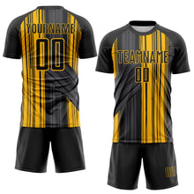 Laden Sie das Bild in den Galerie-Viewer, Custom Black-Gold Brush Stroke Fluid Stripes Sublimation Soccer Uniform Jersey