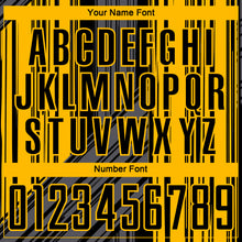 Laden Sie das Bild in den Galerie-Viewer, Custom Black-Gold Brush Stroke Fluid Stripes Sublimation Soccer Uniform Jersey