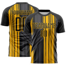 Laden Sie das Bild in den Galerie-Viewer, Custom Black-Gold Brush Stroke Fluid Stripes Sublimation Soccer Uniform Jersey