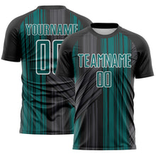 Laden Sie das Bild in den Galerie-Viewer, Custom Black Teal-White Brush Stroke Fluid Stripes Sublimation Soccer Uniform Jersey