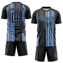 Laden Sie das Bild in den Galerie-Viewer, Custom Black-Light Blue Brush Stroke Fluid Stripes Sublimation Soccer Uniform Jersey