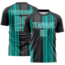 Laden Sie das Bild in den Galerie-Viewer, Custom Black Aqua-White Brush Stroke Fluid Stripes Sublimation Soccer Uniform Jersey