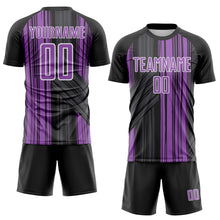 Laden Sie das Bild in den Galerie-Viewer, Custom Black Medium Purple-White Brush Stroke Fluid Stripes Sublimation Soccer Uniform Jersey