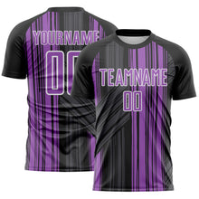 Laden Sie das Bild in den Galerie-Viewer, Custom Black Medium Purple-White Brush Stroke Fluid Stripes Sublimation Soccer Uniform Jersey