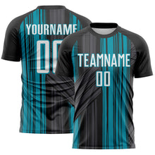 Laden Sie das Bild in den Galerie-Viewer, Custom Black White-Teal Brush Stroke Fluid Stripes Sublimation Soccer Uniform Jersey