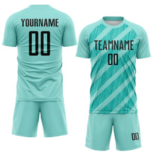 Laden Sie das Bild in den Galerie-Viewer, Custom Ice Blue Black-Aqua Diagonal Stripes Sublimation Soccer Uniform Jersey