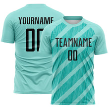 Laden Sie das Bild in den Galerie-Viewer, Custom Ice Blue Black-Aqua Diagonal Stripes Sublimation Soccer Uniform Jersey