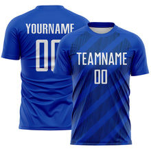 Laden Sie das Bild in den Galerie-Viewer, Custom Thunder Blue White-US Navy Blue Diagonal Stripes Sublimation Soccer Uniform Jersey