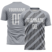 Laden Sie das Bild in den Galerie-Viewer, Custom Gray White-Steel Gray Diagonal Stripes Sublimation Soccer Uniform Jersey