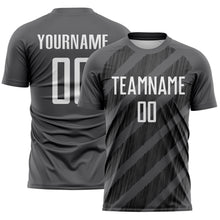 Laden Sie das Bild in den Galerie-Viewer, Custom Steel Gray White-Black Diagonal Stripes Sublimation Soccer Uniform Jersey