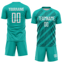 Laden Sie das Bild in den Galerie-Viewer, Custom Aqua White-Teal Diagonal Stripes Sublimation Soccer Uniform Jersey