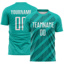 Laden Sie das Bild in den Galerie-Viewer, Custom Aqua White-Teal Diagonal Stripes Sublimation Soccer Uniform Jersey