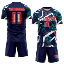Load image into Gallery viewer, Custom Navy Fire Red Teal-White Geometric Asymmetry Shatter Sublimation Soccer Uniform Jersey