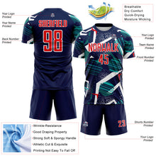 Load image into Gallery viewer, Custom Navy Fire Red Teal-White Geometric Asymmetry Shatter Sublimation Soccer Uniform Jersey