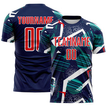 Load image into Gallery viewer, Custom Navy Fire Red Teal-White Geometric Asymmetry Shatter Sublimation Soccer Uniform Jersey