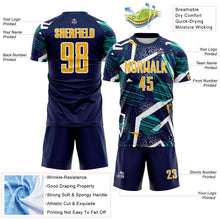 Load image into Gallery viewer, Custom Navy Gold Teal-White Geometric Asymmetry Shatter Sublimation Soccer Uniform Jersey
