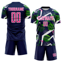Load image into Gallery viewer, Custom Navy Pink Green-White Geometric Asymmetry Shatter Sublimation Soccer Uniform Jersey